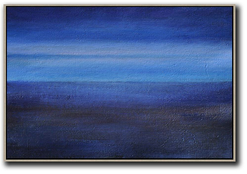 Horizontal Palette Knife Contemporary Art,Hand Paint Large Clean Modern Art,Dark Blue,Black ,Light Blue